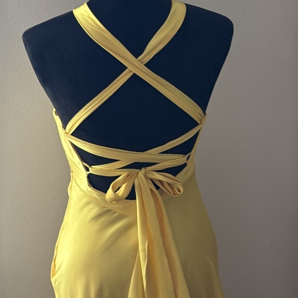 Jessica McClintock for Gunners Sax yellow halter crossed back satin long dress 3 - Picture 5 of 9